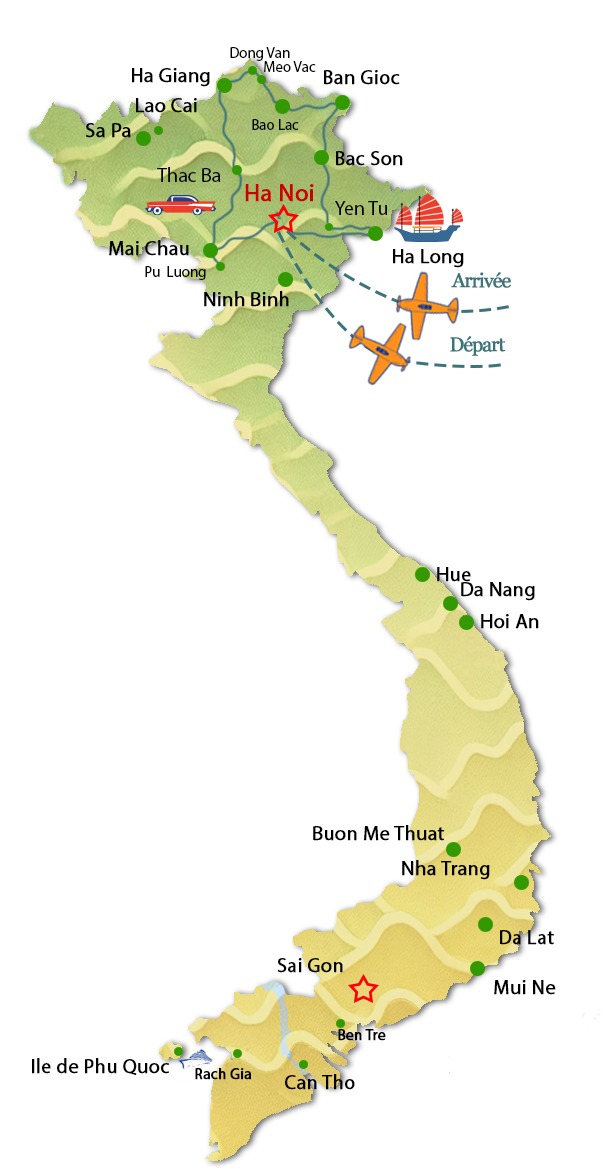 Carte du circuit d'exception au Nord Est du Vietnam avec l'agence de voyage locale Tonkin Voyage